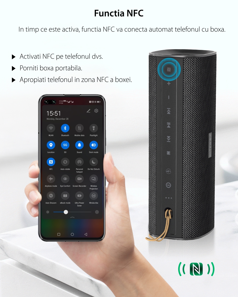 Boxa portabila BlitzWolf BW-WA2, Negru, Wireless, Bluetooth, 20W, Rezistenta la apa IP66, Functia NFC