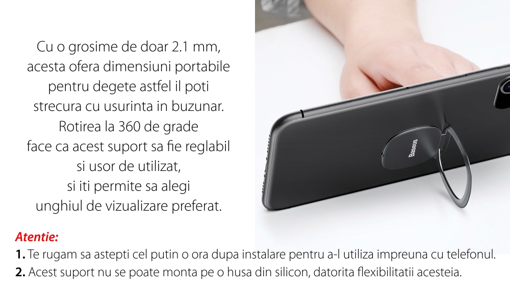 Suport telefon Baseus Invisible Ring Holder, Negru, Universal, Adeziv 3M