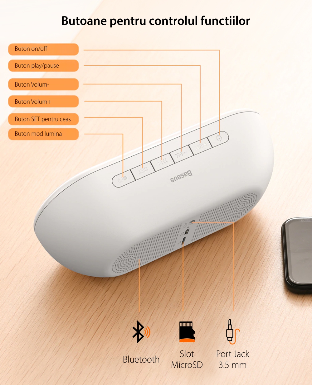 Boxa portabila bluetooth Baseus Encok E09, Negru, Wireless, Ceas multifunctional, Alarma