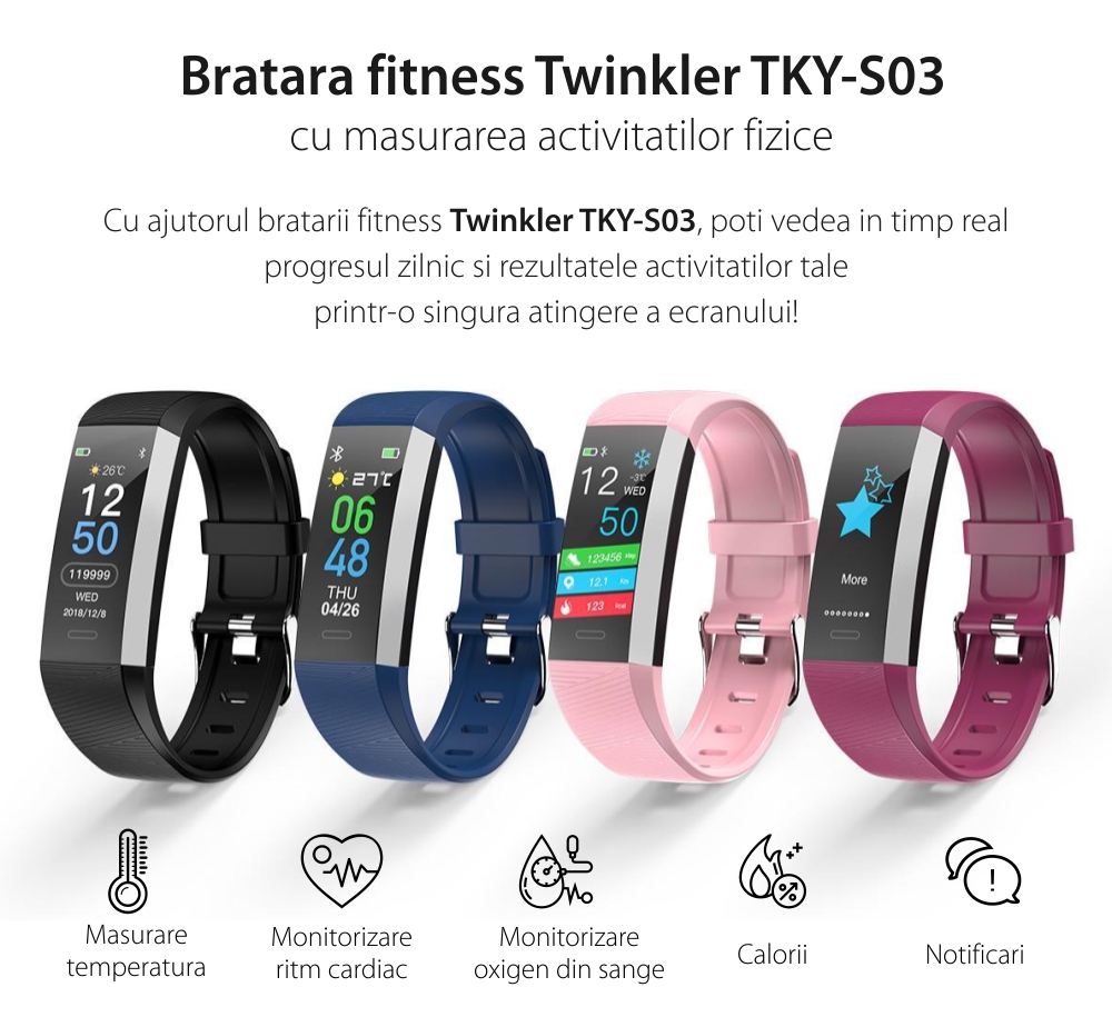 Bratara fitness TKY-S03, Mov, Monitorizare ritm cardiac, Tensiune arteriala, Nivel Oxigen, Pedometru, Notificari