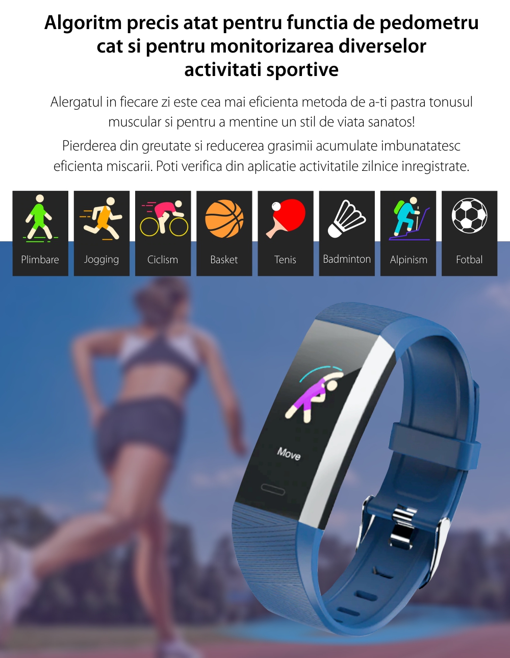 Bratara fitness TKY-S03, Albastru, Monitorizare ritm cardiac, Tensiune arteriala, Nivel Oxigen, Pedometru, Notificari