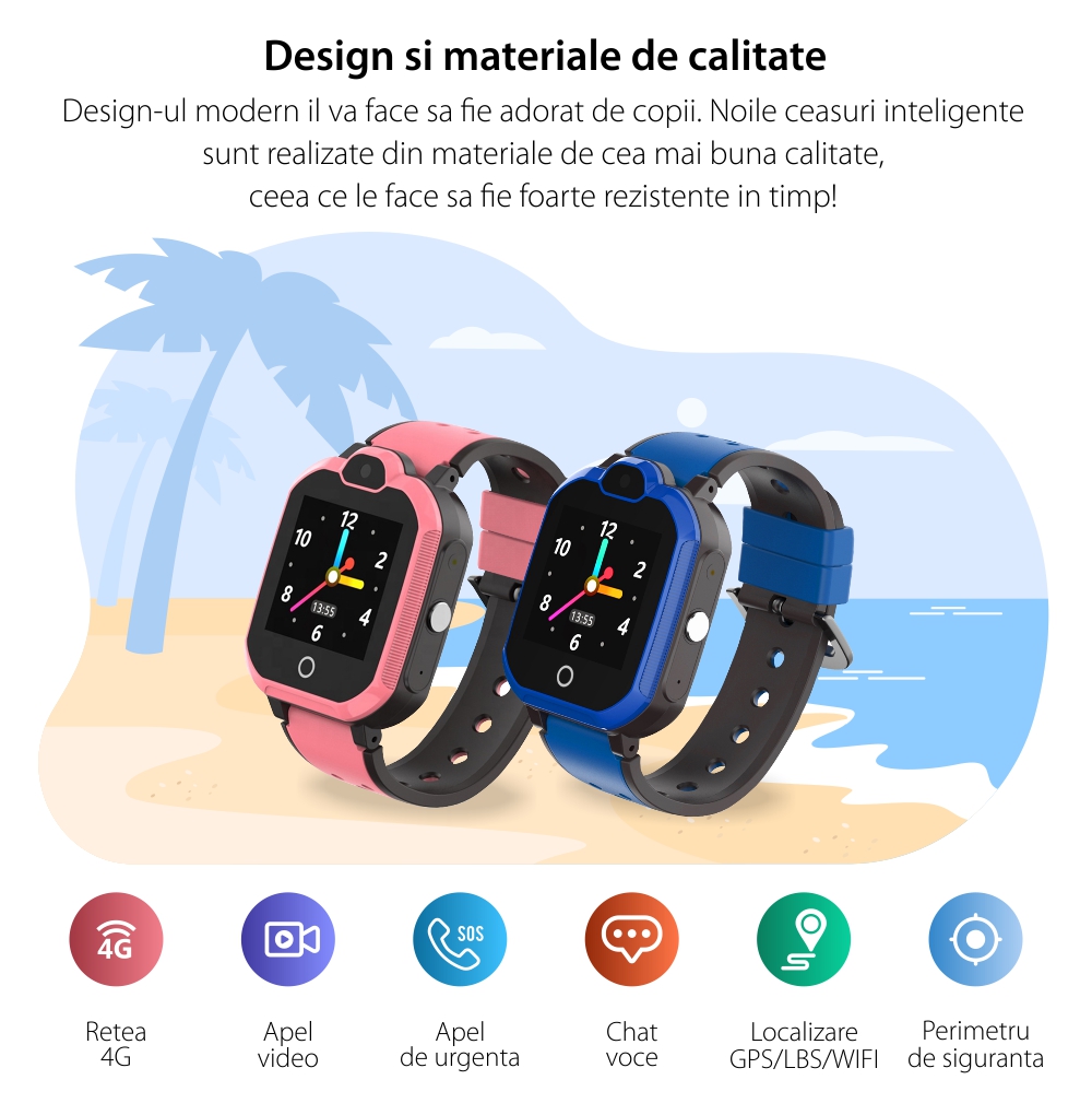 Ceas SmartWatch Pentru Copii Motto LT05, cu Functie Telefon, Localizare GPS, Buton SOS, Apel video, Mesaje vocale, Camera foto, Roz