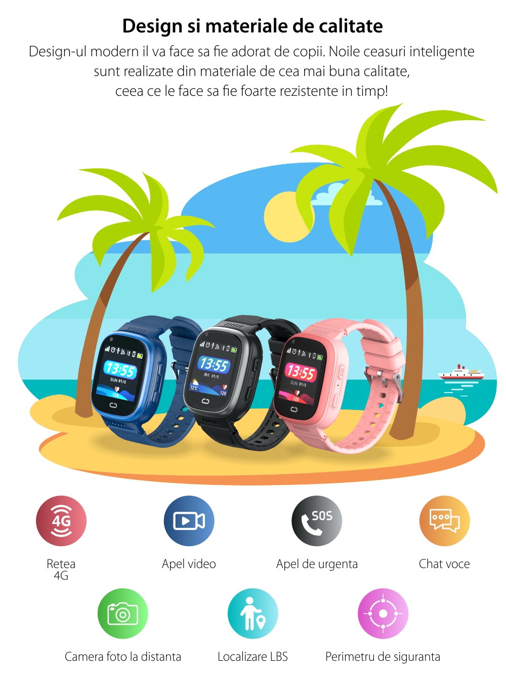 Ceas SmartWatch Pentru Copii Motto LT08, Roz cu Localizare GPS, Camera Foto, Geofence, Istoric, Pedometru, Alarma