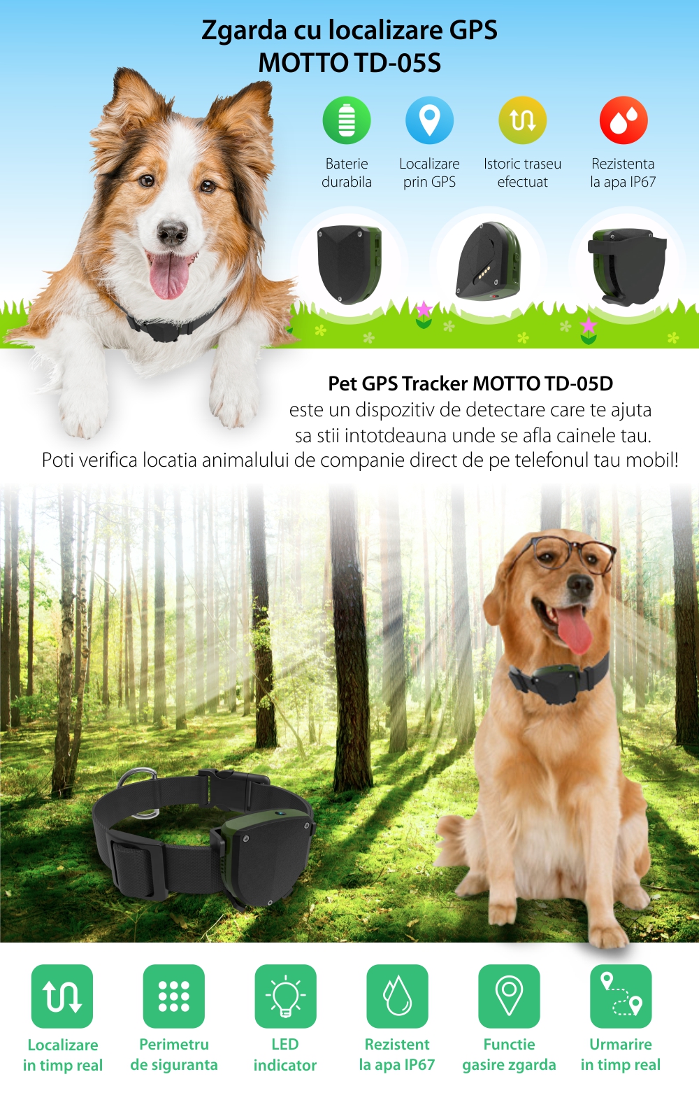 GPS Tracker Pentru Animale Motto TD-05D cu Functie de Localizare GPS, Perimetru de siguranta, LED Indicator, Istoric traseu