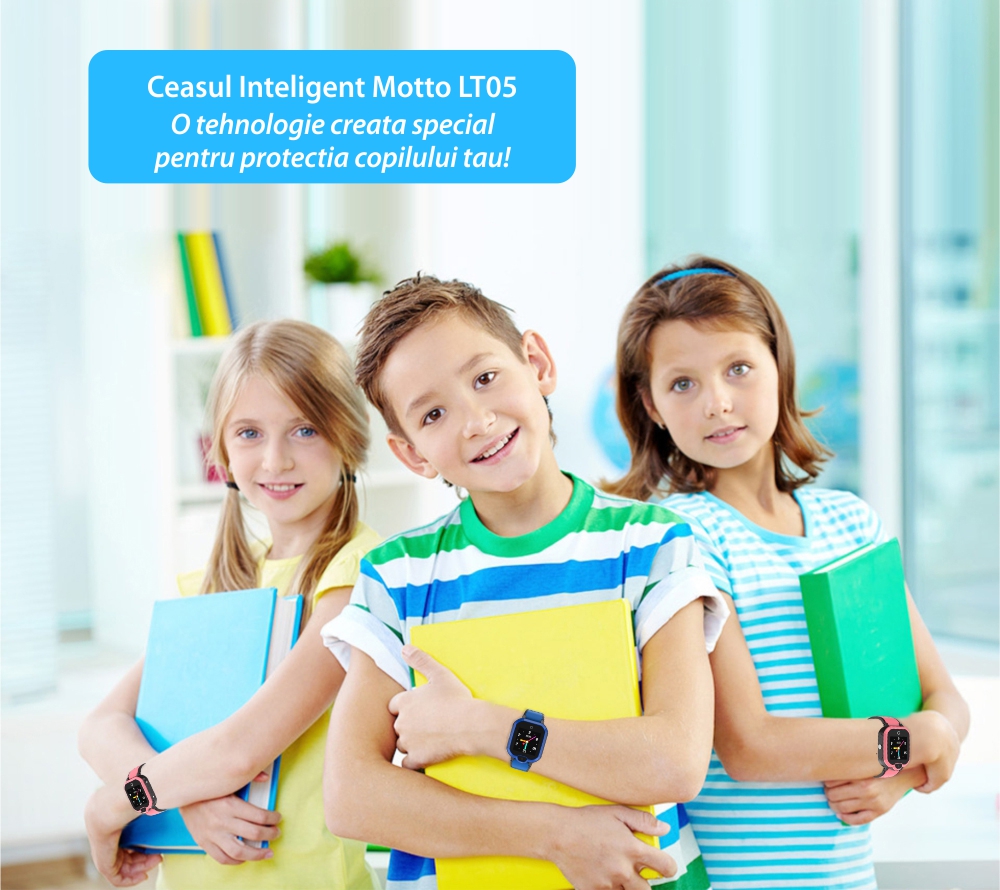 Ceas SmartWatch Pentru Copii Motto LT05, cu Functie Telefon, Localizare GPS, Buton SOS, Apel video, Mesaje vocale , Camera foto, Albastru