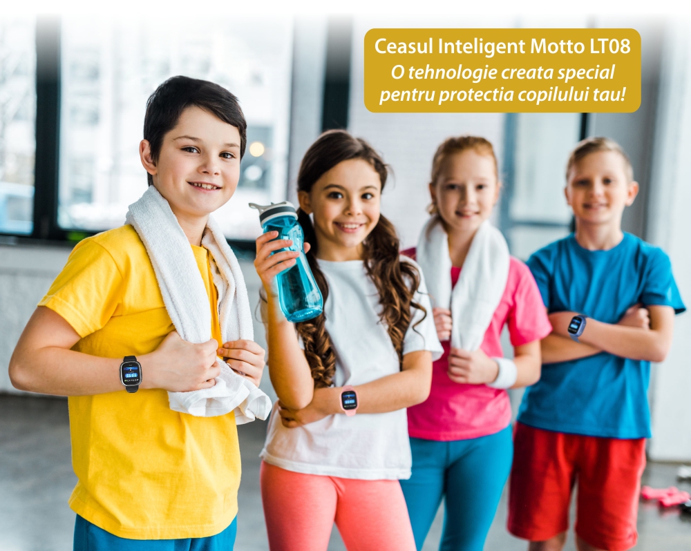 Ceas SmartWatch Pentru Copii Motto LT08, Negru cu Localizare GPS, Camera Foto, Geofence, Istoric, Pedometru, Alarma