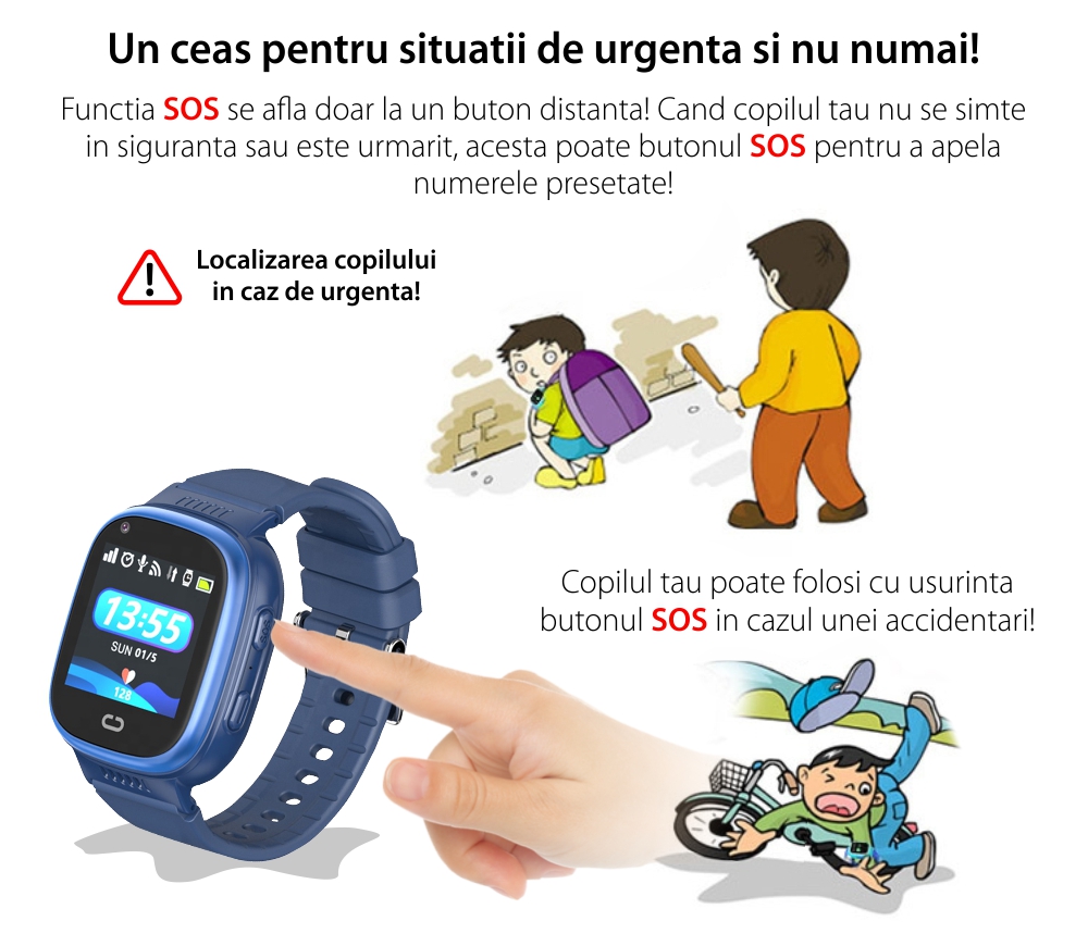 Ceas SmartWatch Pentru Copii Motto LT08, Bluemarin, cu Localizare GPS, Camera Foto, Geofence, Istoric, Pedometru, Alarma