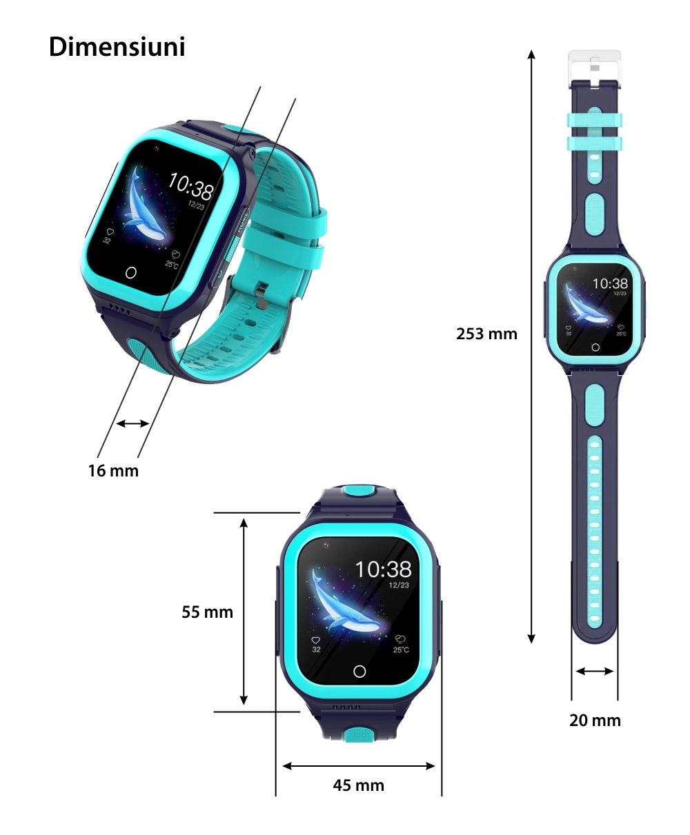 Ceas Smartwatch Pentru Copii Wonlex KT24S cu Localizare GPS, Functie Telefon, Istoric, Contacte, Chat, Negru