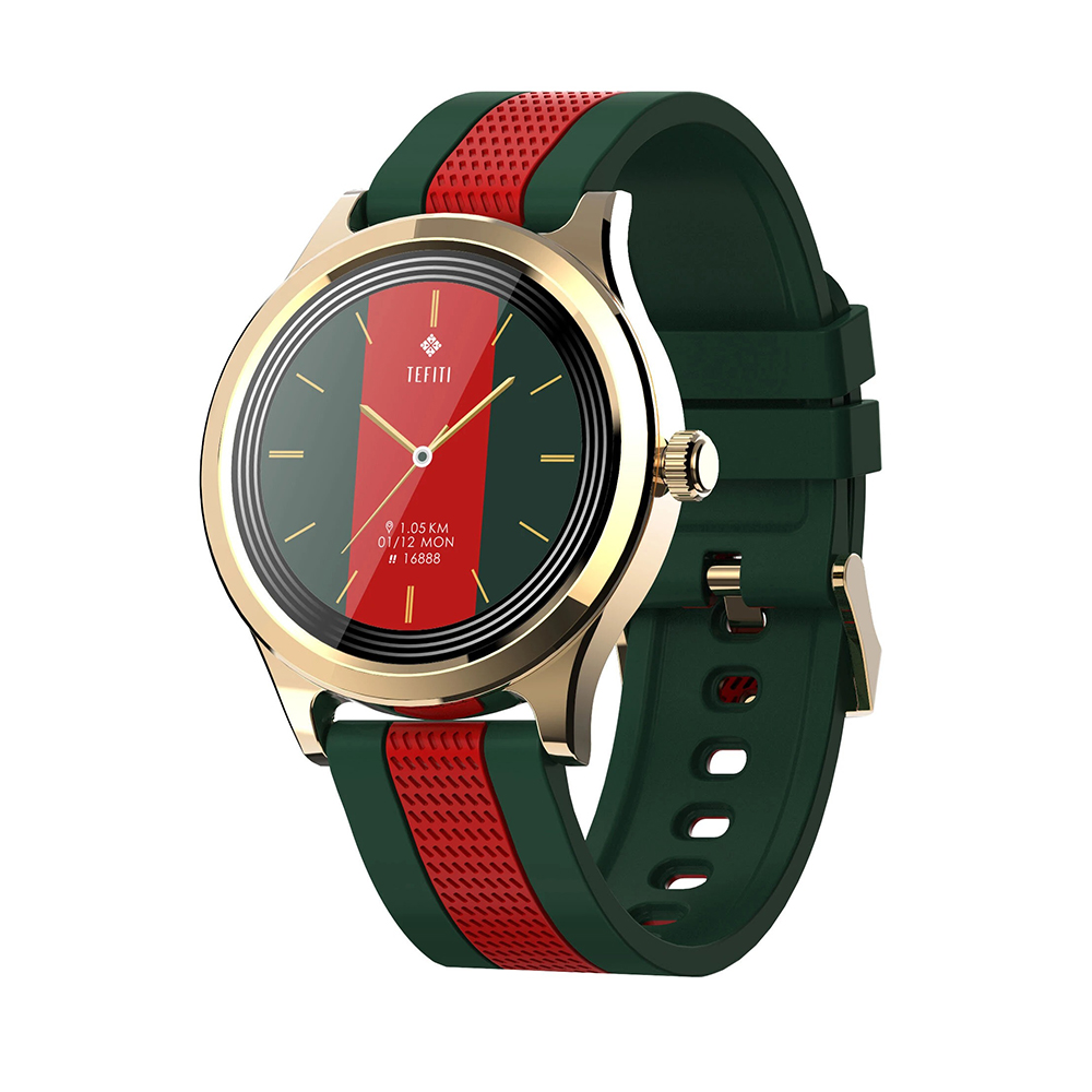 Ceas smartwatch Twinkler TKY-E6, Carcasa aurie, Bratara Verde / Rosu, cu Monitorizare tensiune, Ritm cardiac, Oxigen, Cadran custom, Monitorizarea somn, Pedometru, Moduri sportive Twinkler imagine 2022 crono24.ro
