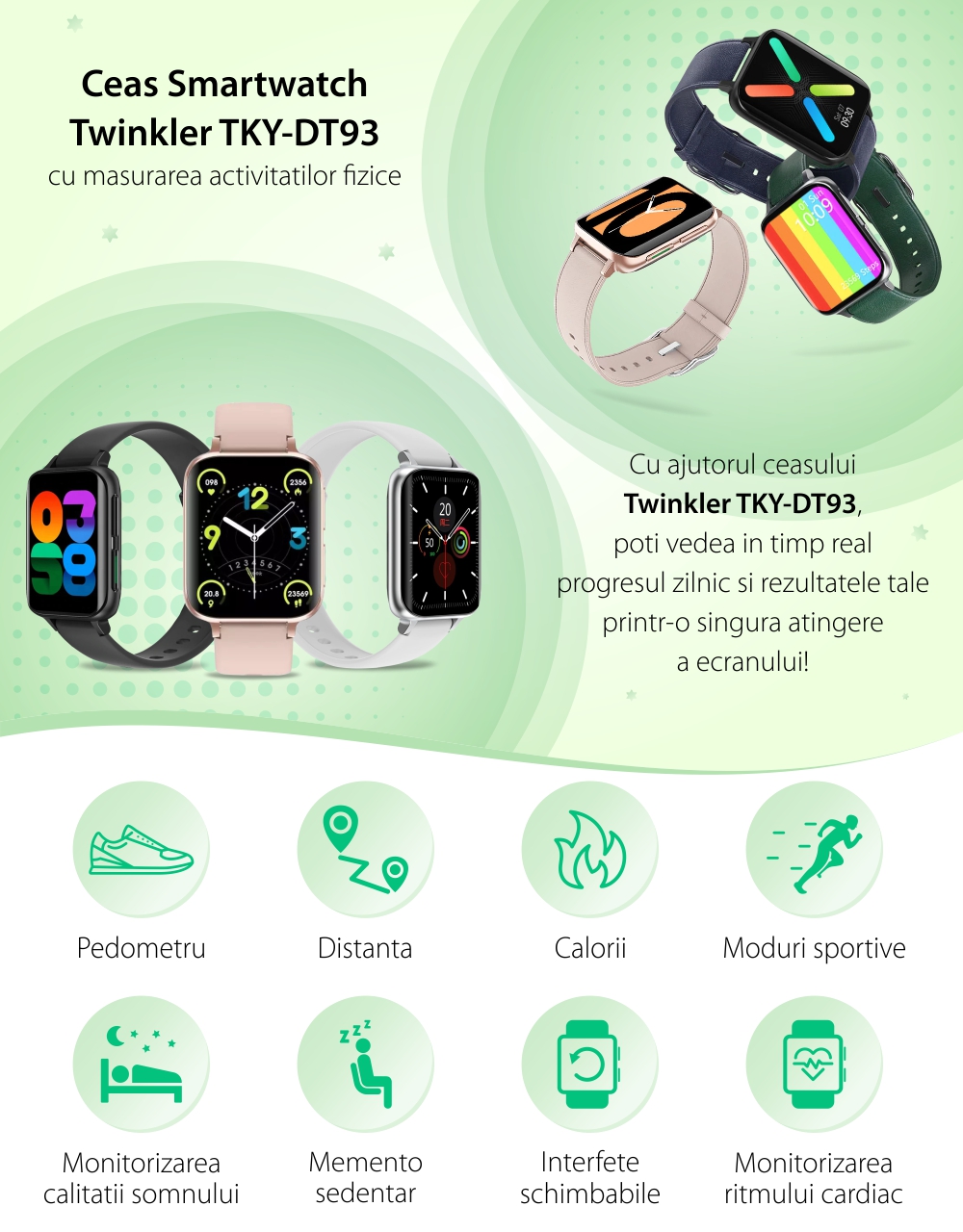 Ceas smartwatch Twinkler TKY-DT93, Bratara silicon, Roz cu ECG, Tensiune arteriala, Ritm cardiac, Oxigen din sange, Interfata custom, Memento sedentar, Monitorizarea somnului, Pedometru, Moduri sportive