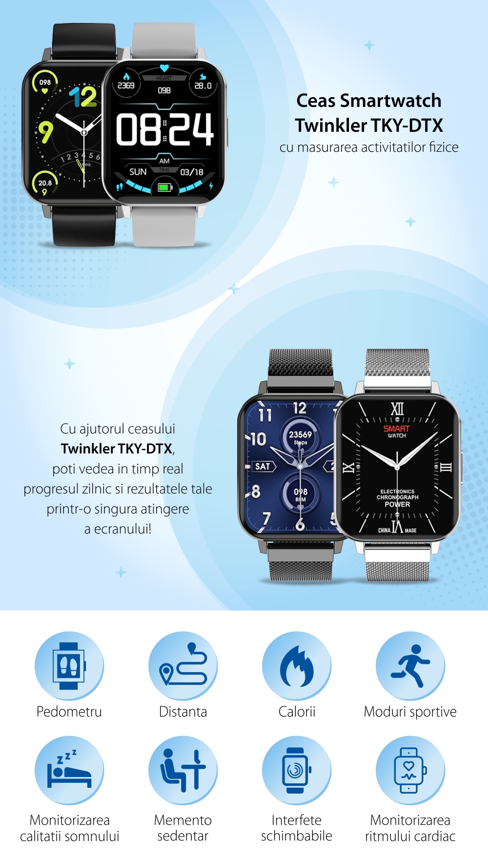 Ceas smartwatch Twinkler TKY-DTX, Bratara metal, Argintiu cu ECG, Tensiune arteriala, ritm cardiac, oxigen din sange, interfete schimbabile, memento sedentar, Monitorizarea calitatii somnului