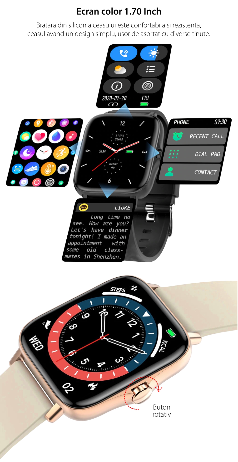 Ceas smartwatch Twinkler TKY-T42, Gri cu Functie de Alarma, Pedometru, Monitorizare Somn, Notificari mesaje, Notificari apeluri, Remote camera, Notificari aplicatii, Teme multiple