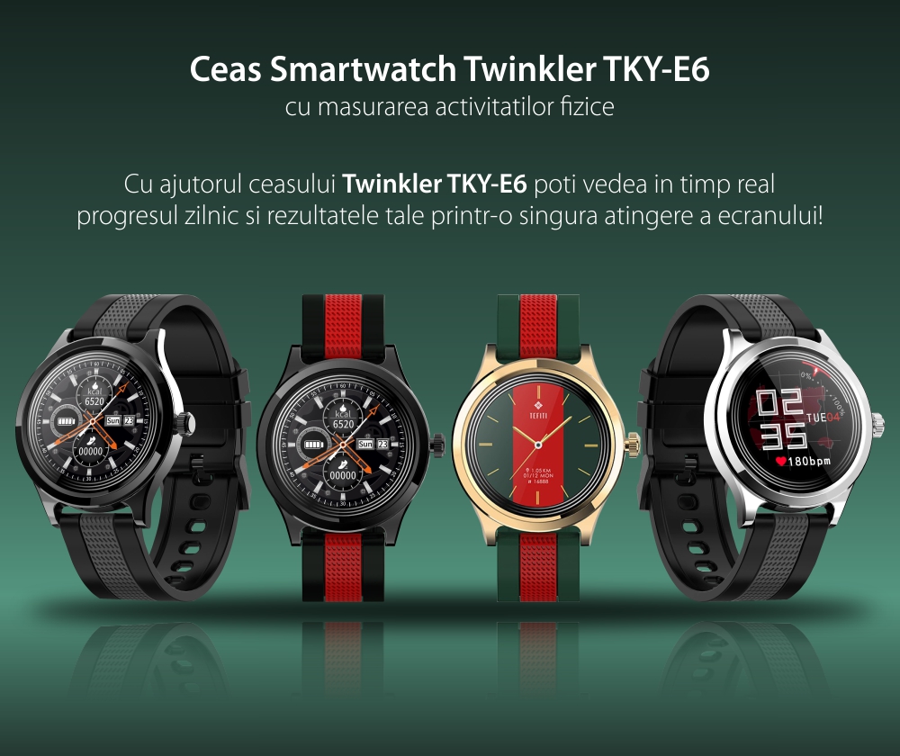 Ceas smartwatch Twinkler TKY-E6, Carcasa argintie, Bratara Negru / Gri, cu Monitorizare tensiune, Ritm cardiac, Oxigen, Cadran custom, Monitorizarea somn, Pedometru, Moduri sportive