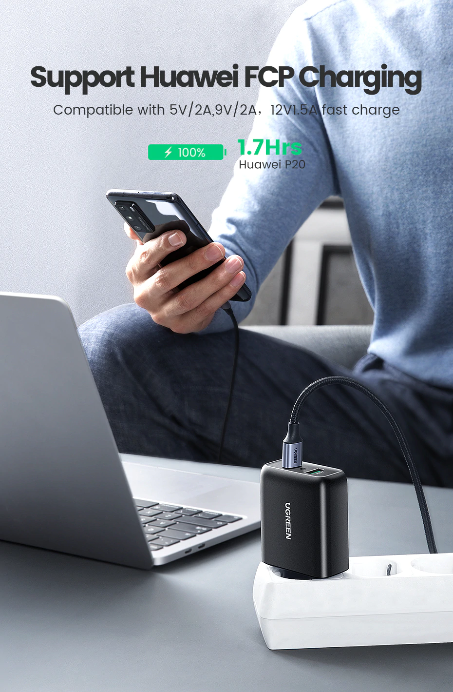 Incarcator universal Ugreen, Negru, 2 Porturi USB, Quick Charge 3.0, Putere totala 36 W