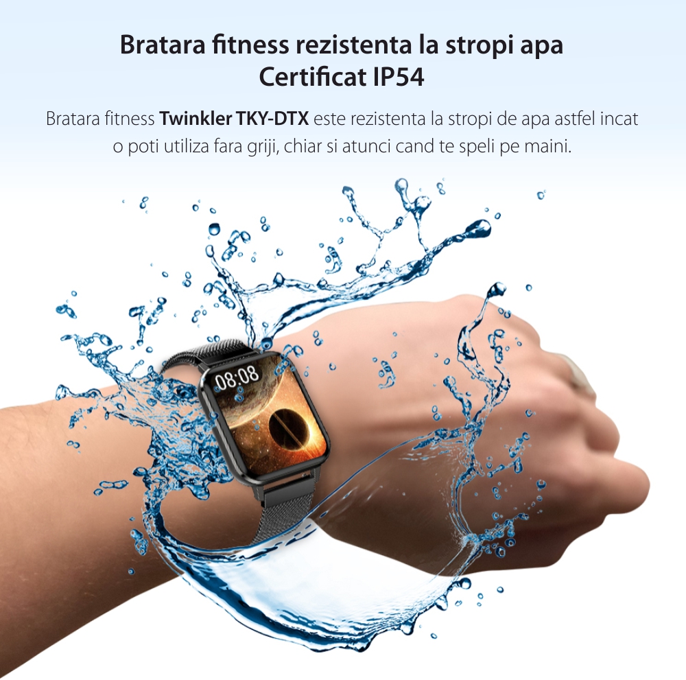 Ceas smartwatch Twinkler TKY-DTX, Bratara metal, Negru cu ECG, Tensiune arteriala, ritm cardiac, oxigen din sange, interfete schimbabile, memento sedentar, Monitorizarea calitatii somnului