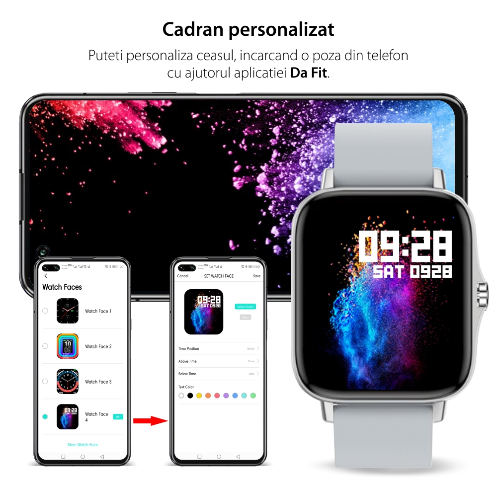 Ceas smartwatch Twinkler TKY-T42, Auriu cu Functie de Alarma, Pedometru, Monitorizare Somn, Notificari mesaje, Notificari apeluri, Remote camera, Notificari aplicatii, Teme multiple