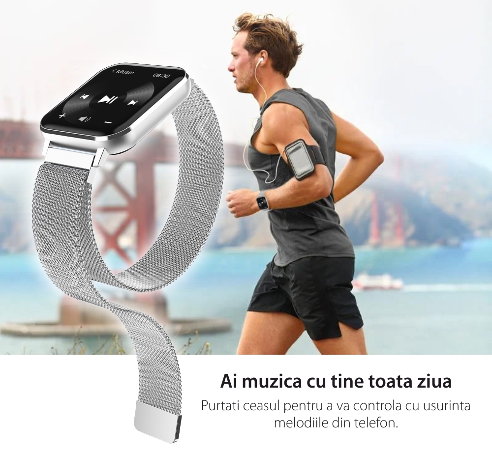 Ceas smartwatch Twinkler TKY-DTX, Bratara metal, Argintiu cu ECG, Tensiune arteriala, ritm cardiac, oxigen din sange, interfete schimbabile, memento sedentar, Monitorizarea calitatii somnului