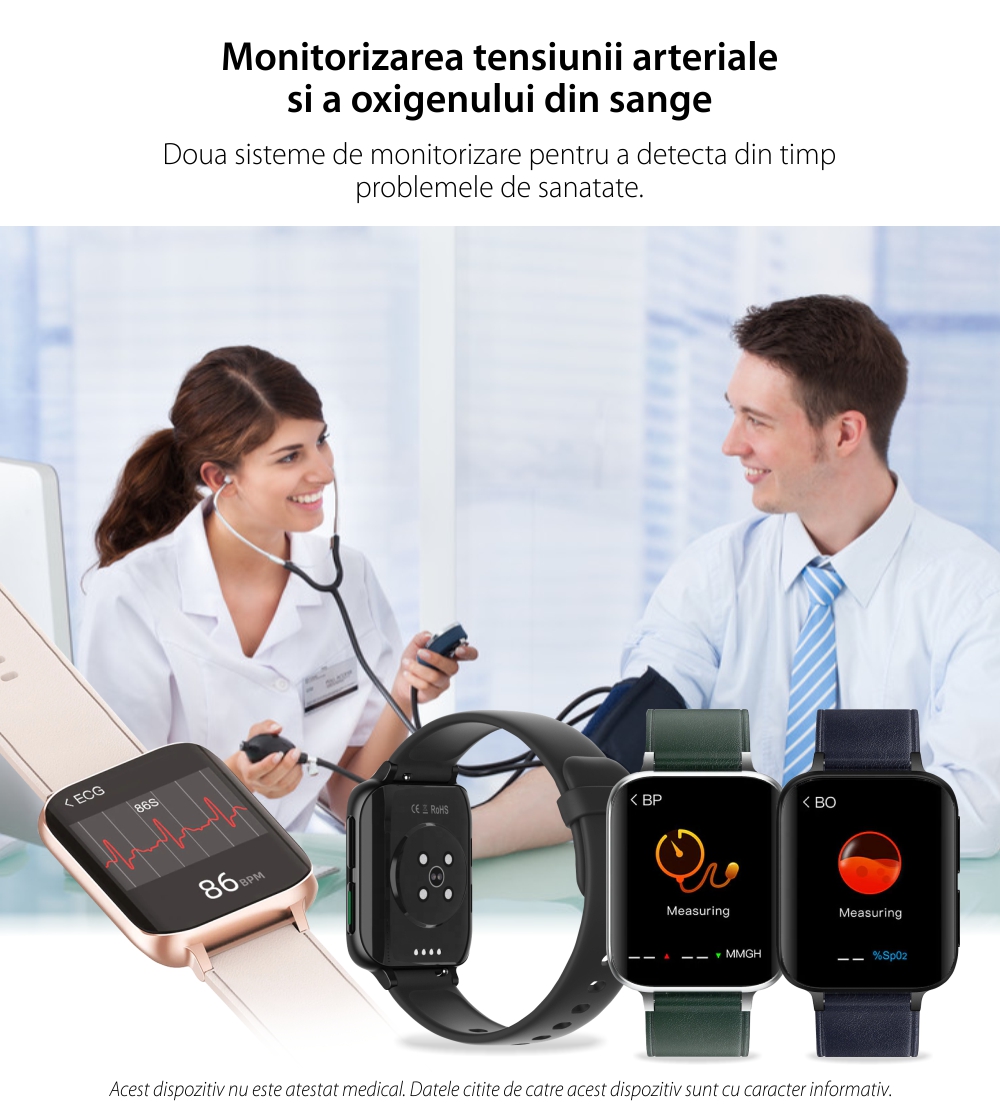 Ceas smartwatch Twinkler TKY-DT93, Bratara piele, Albastru cu ECG, Tensiune arteriala, Ritm cardiac, Oxigen din sange, Interfata custom, Memento sedentar, Monitorizarea somnului, Pedometru, Moduri sportive