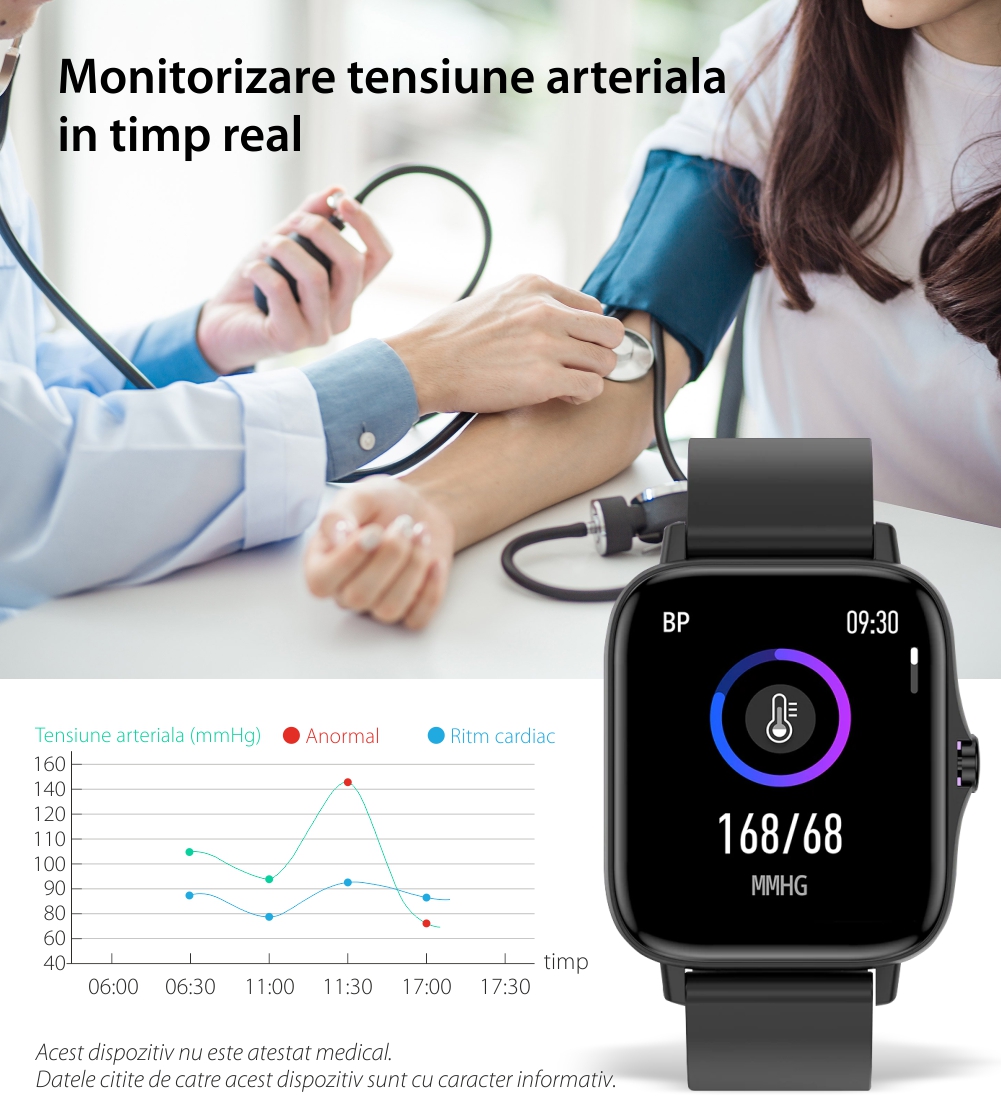 Ceas smartwatch Twinkler TKY-T42, Auriu cu Functie de Alarma, Pedometru, Monitorizare Somn, Notificari mesaje, Notificari apeluri, Remote camera, Notificari aplicatii, Teme multiple