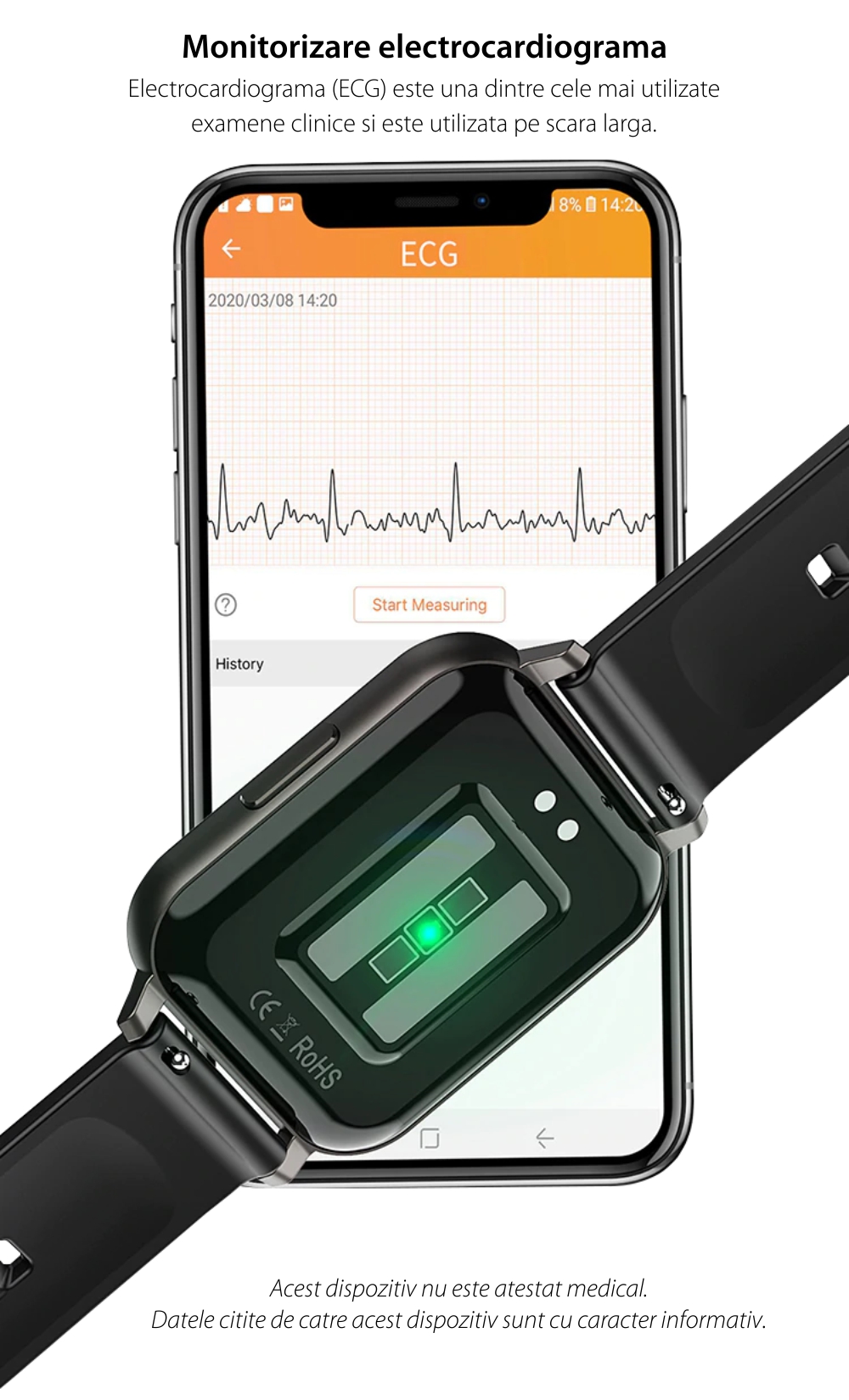 Ceas smartwatch Twinkler TKY-DTX, Bratara silicon, Gri cu ECG, Tensiune arteriala, ritm cardiac, oxigen din sange, interfete schimbabile, memento sedentar, Monitorizarea calitatii somnului