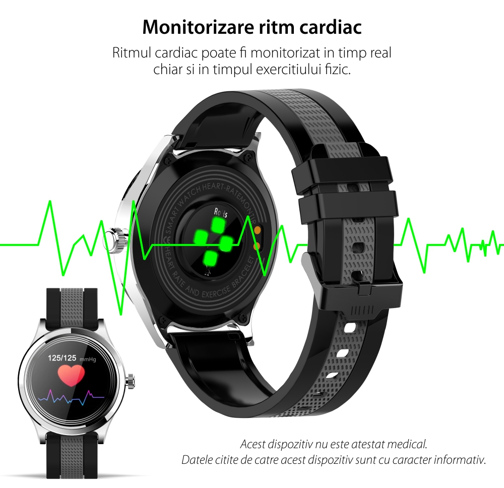 Ceas smartwatch Twinkler TKY-E6, Carcasa neagra, Bratara Negru / Gri, cu Monitorizare tensiune, Ritm cardiac, Oxigen, Cadran custom, Monitorizarea somn, Pedometru, Moduri sportive