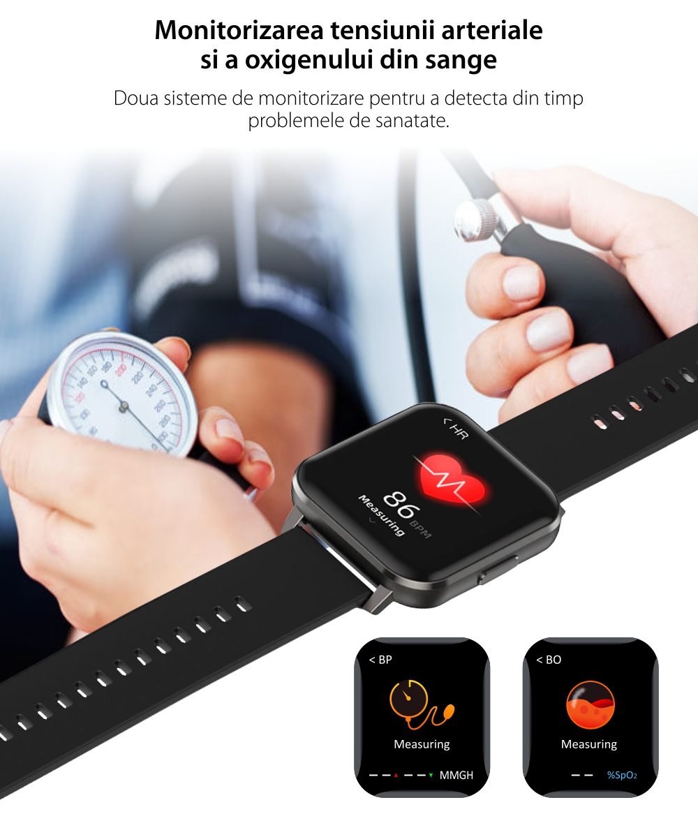 Ceas smartwatch Twinkler TKY-DTX, Bratara silicon, Negru cu ECG, Tensiune arteriala, ritm cardiac, oxigen din sange, interfete schimbabile, memento sedentar, Monitorizarea calitatii somnului