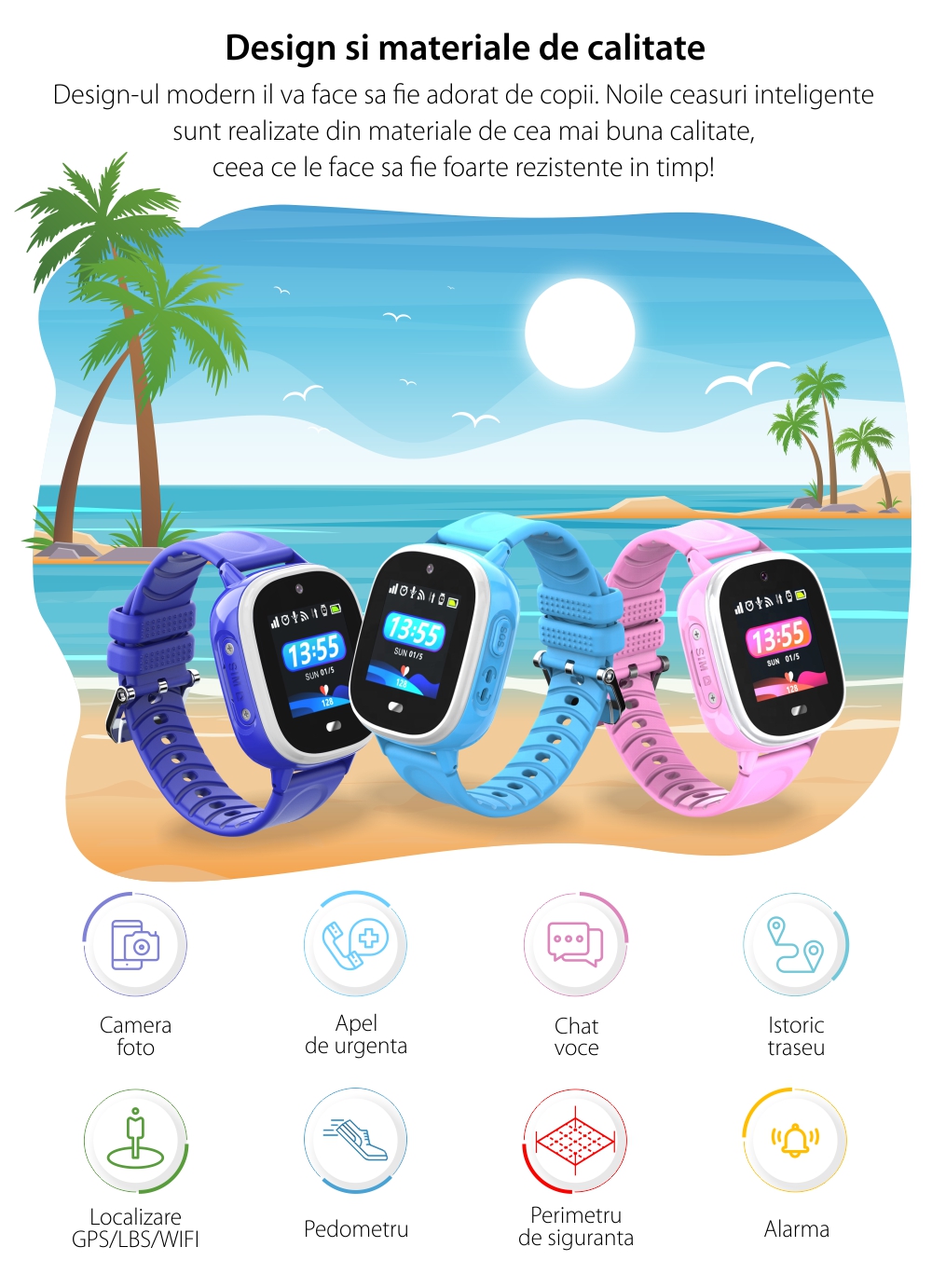 Ceas SmartWatch Pentru Copii Motto TD31 cu Localizare GPS, Alarma, Telefon, Chat / voce, Geofence, Pedometru, Mov