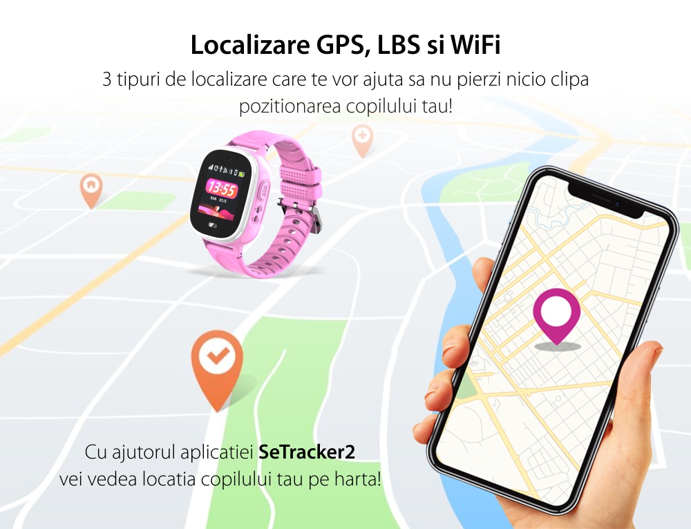 Ceas SmartWatch Pentru Copii Motto TD31, Roz cu Localizare GPS, Alarma, Telefon, Chat / voce, Geofence, Pedometru
