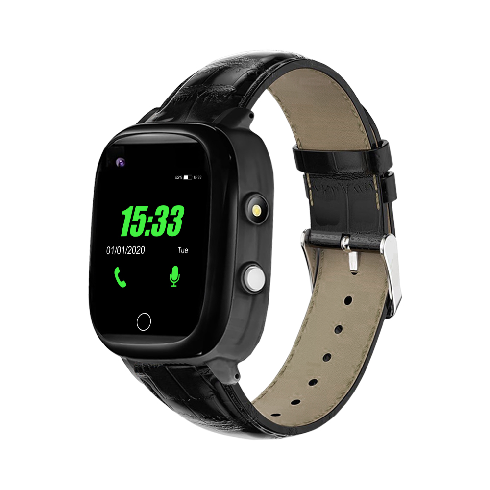 Ceas Smartwatch YQT-T5S, Negru, Curea piele, Masurare temperatura, Localizare GPS, Istoric traseu, Apel de Monitorizare, Camera, Lanterna, Android, 4G, Cartela SIM Cadou