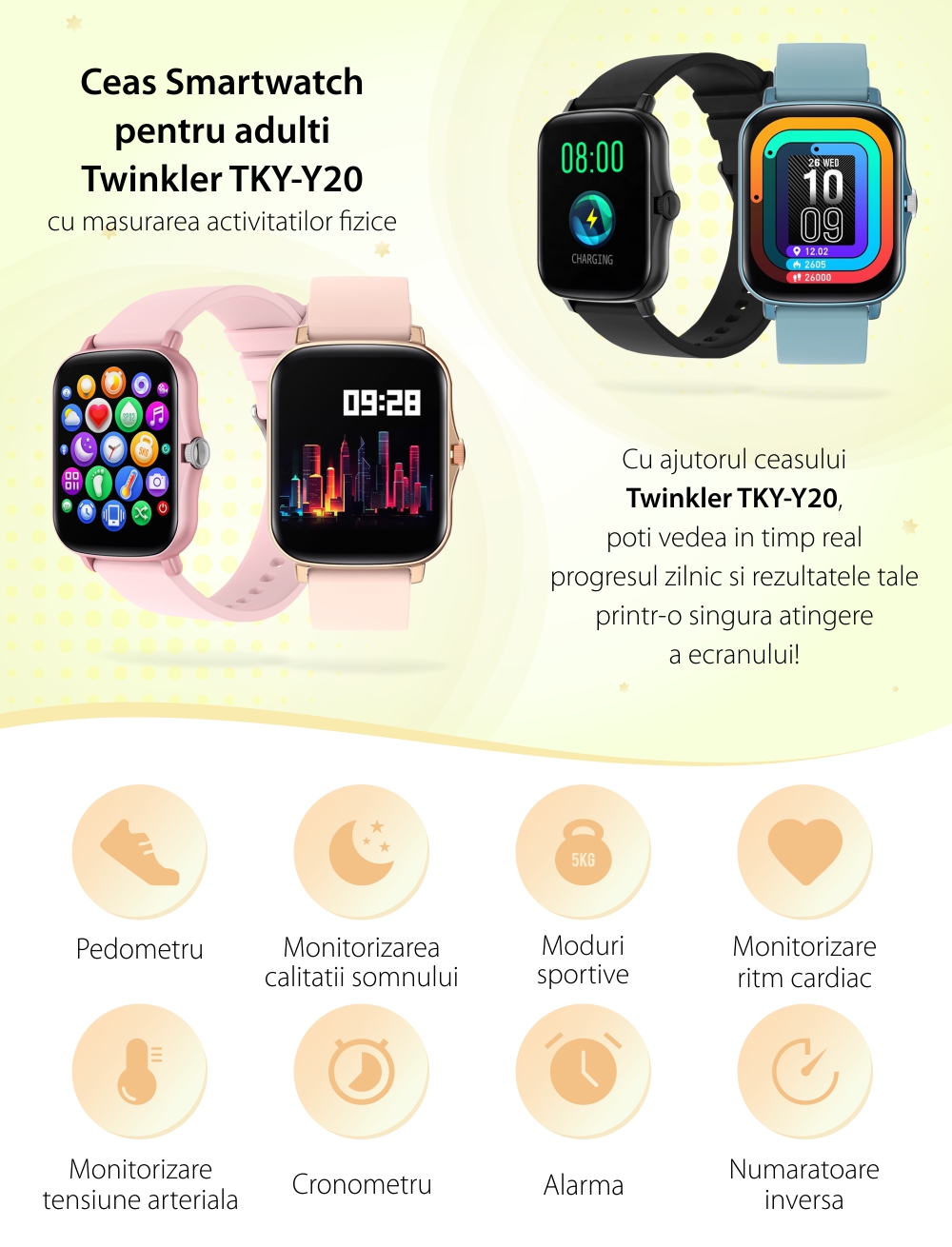 Ceas Smartwatch TKY-Y20, Negru, Cadran personalizat, Monitorizare somnului, Tensiune arteriala, Ritm cardiac, Cronometru, Alarma