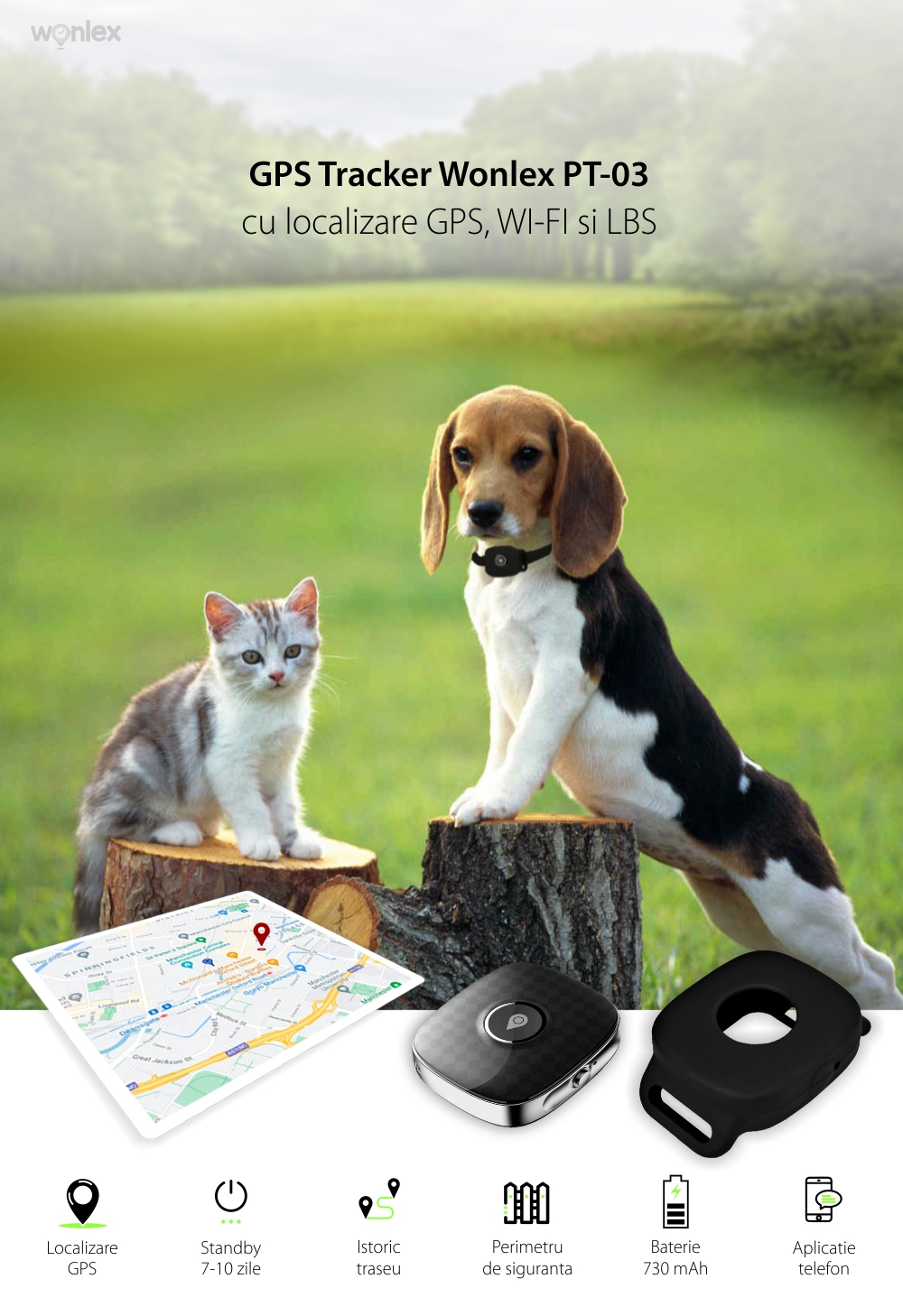 Zgarda cu Localizare GPS Pentru Animale Wonlex PT-03, Retea 4G, Nano SIM, Baterie 730 mAh, Istoric traseu, Perimetru de siguranta,