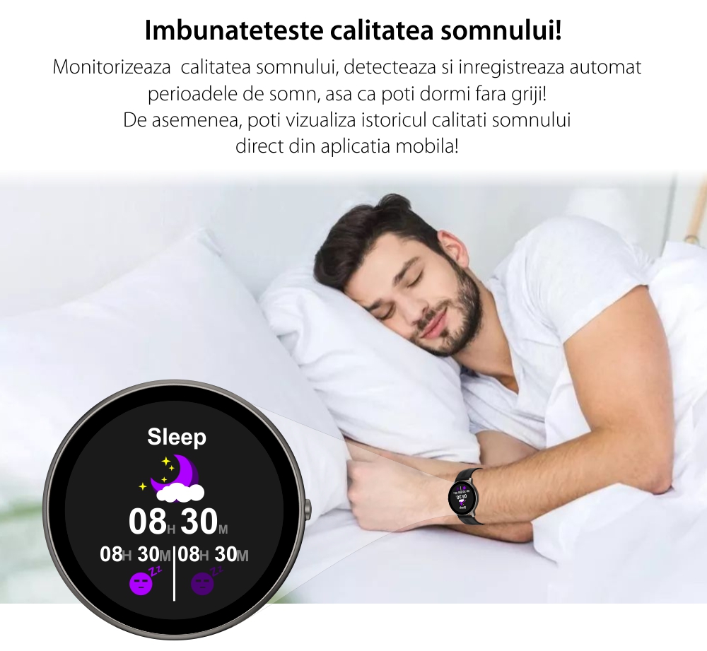 Ceas Smartwatch TKY-LW11, Negru, Control tactil, Monitorizare ritm cardiac & somn, Tensiune arteriala, Oxigen, Notificari
