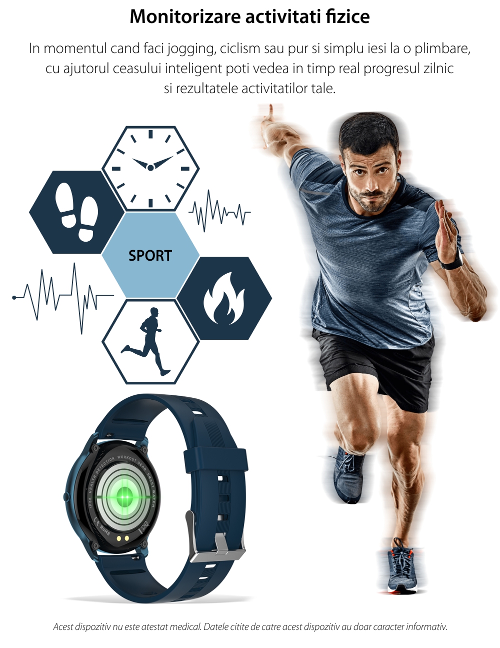Ceas Smartwatch TKY-LW11, Albastru, Control tactil, Monitorizare ritm cardiac & somn, Tensiune arteriala, Oxigen, Notificari