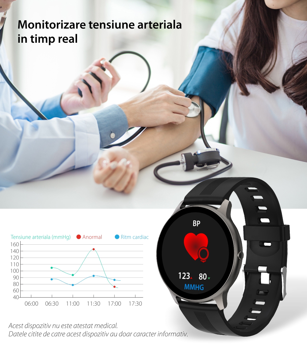 Ceas Smartwatch TKY-LW11, Negru, Control tactil, Monitorizare ritm cardiac & somn, Tensiune arteriala, Oxigen, Notificari