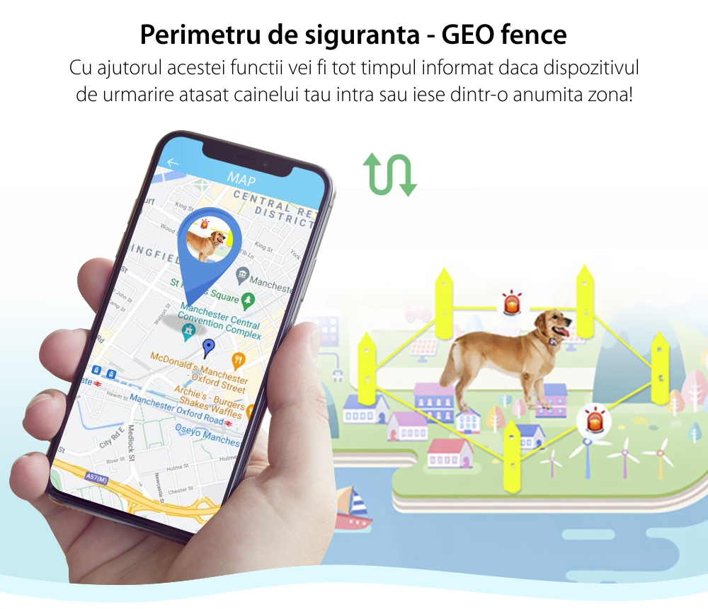 Zgarda cu Localizare GPS Pentru Animale Wonlex PT-03, Retea 4G, Nano SIM, Baterie 730 mAh, Istoric traseu, Perimetru de siguranta,