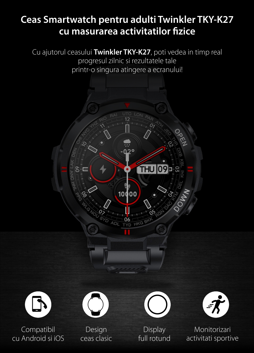 Ceas Smartwatch TKY-K27, Gri, Monitorizare somn, Mod training, Masurare oxigen & tensiune arteriala, Vreme, Cronometru