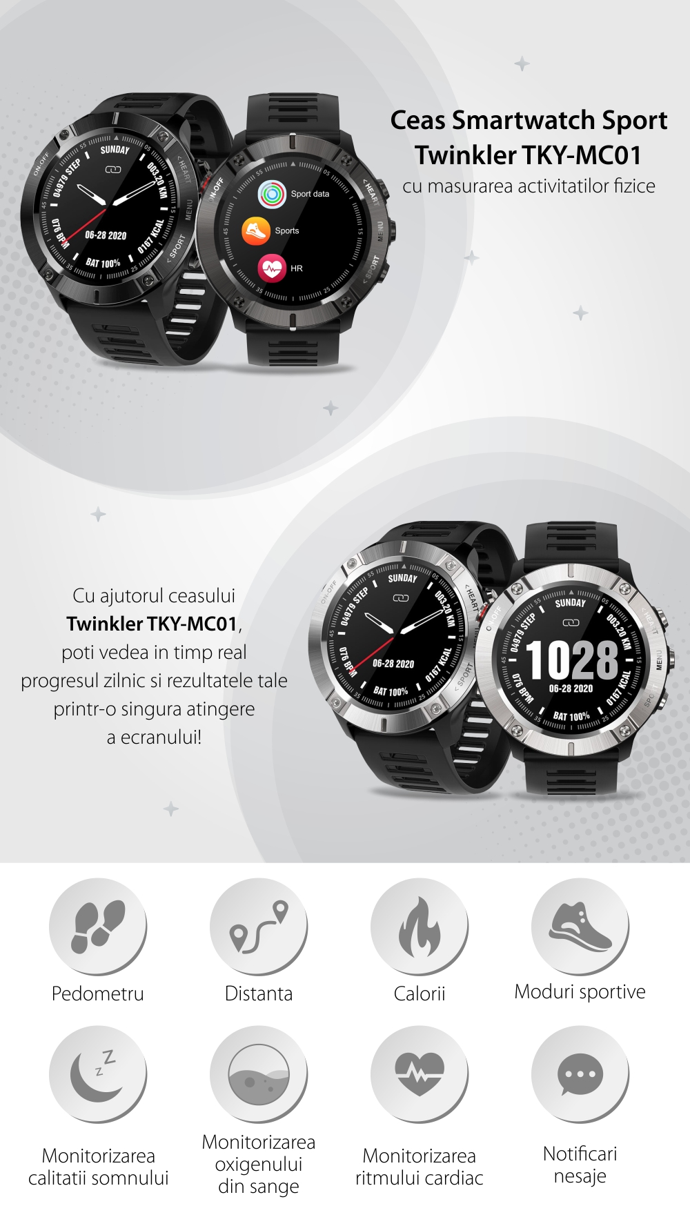Ceas Smartwatch TKY-MC01, Argintiu-Negru, Pedometru, Calorii, Moduri sportive, Monitorizare somn, oxigen, ritm cardiac, Notificari