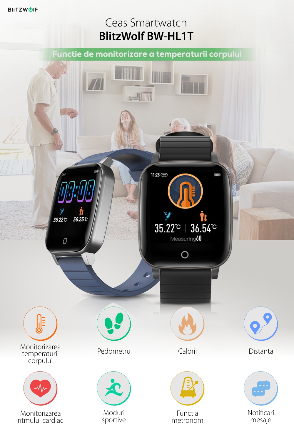 Ceas Smartwatch BlitzWolf BW-HL1T, Monitorizare ritm cardiac, temperatura & respiratie, Moduri sportive, Pasi, Calorii, Distanta