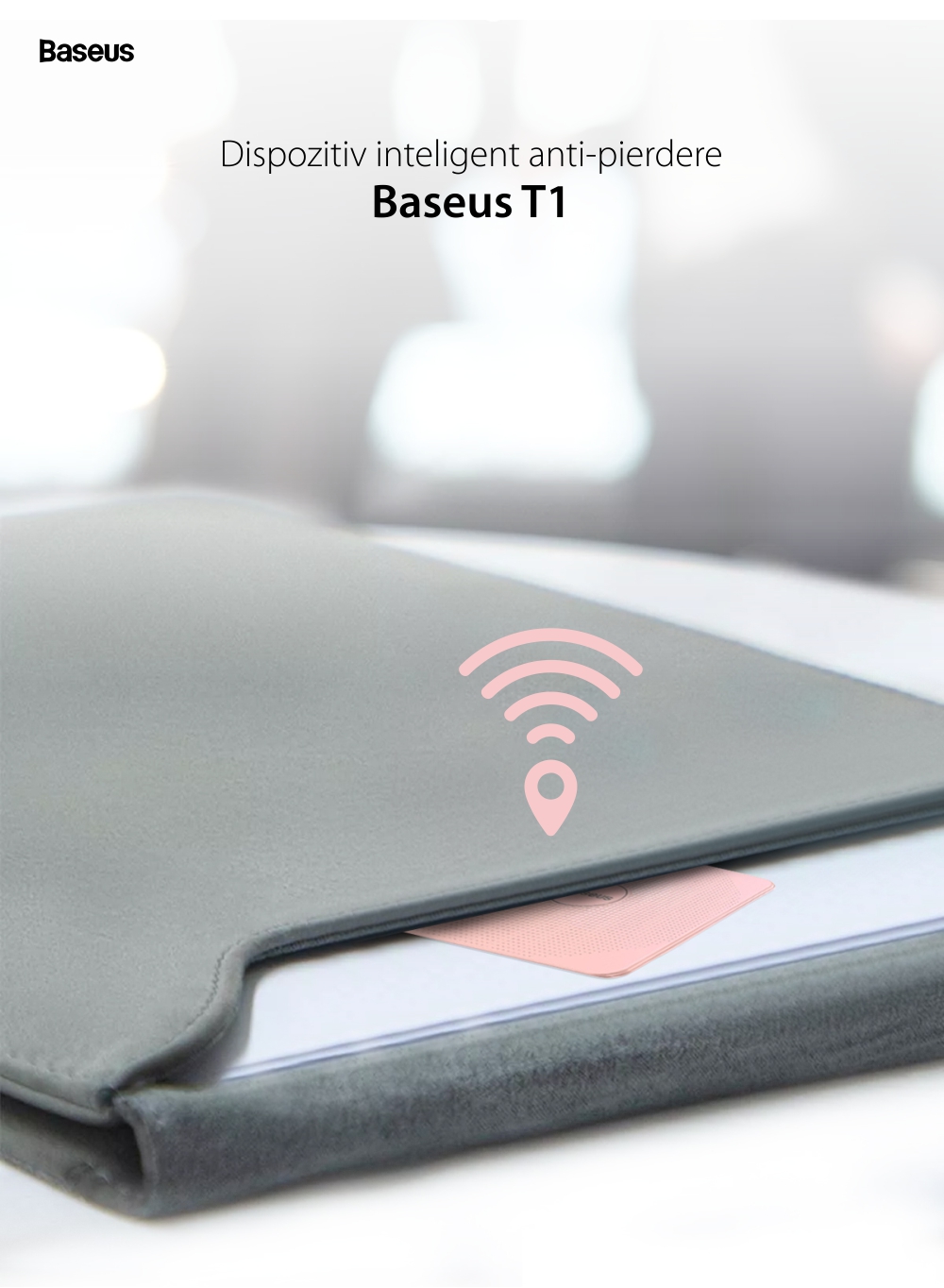 Dispozitiv inteligent anti-pierdere Baseus T1, Roz, Bluetooth, Monitorizare aplicatie, Alarma