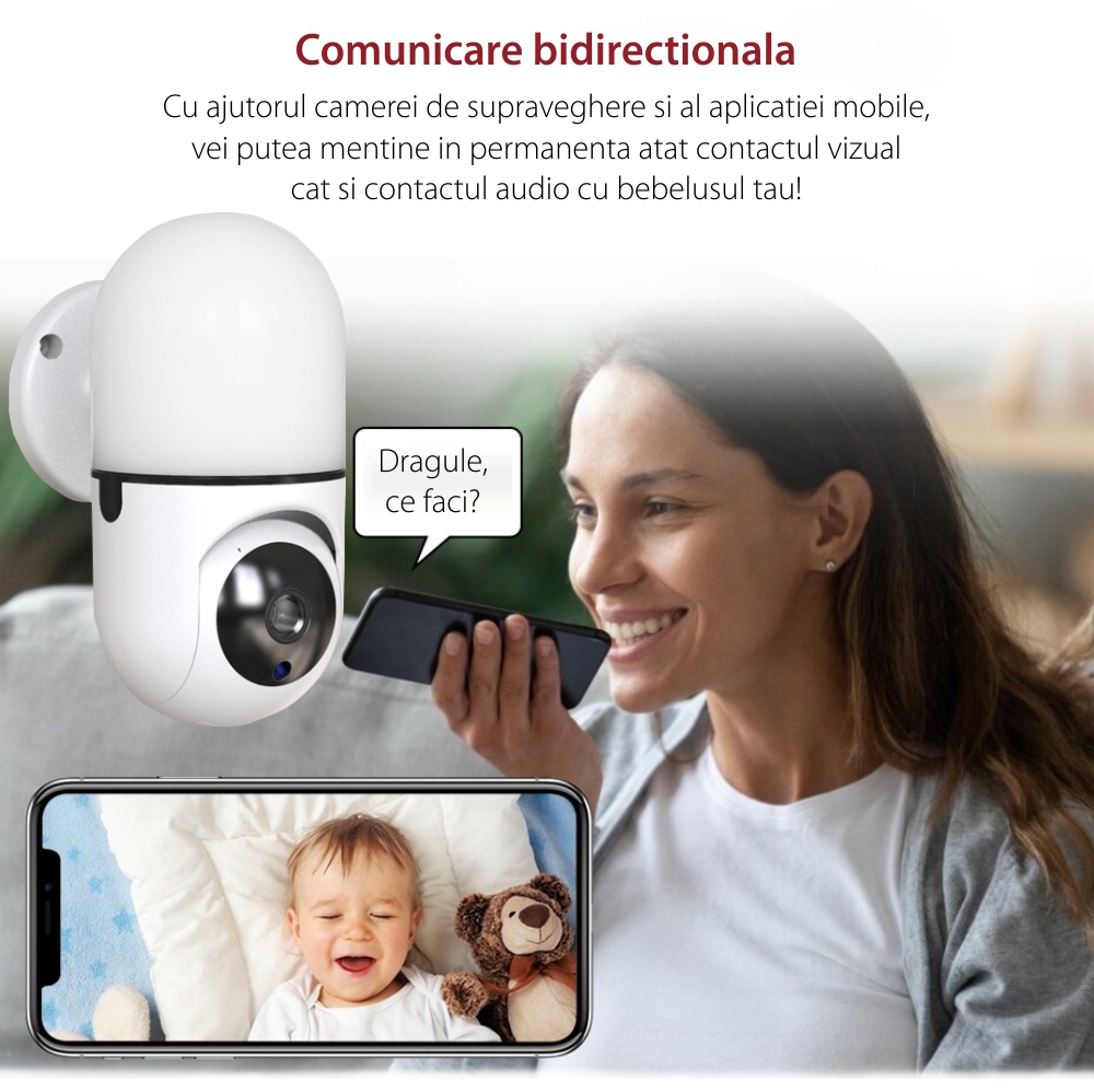 Video Baby Monitor Little Wall Light Q100, Alb, Rotire 360°, Monitorizare in aplicatie, Comunicare bidirectionala, Lampa de veghe, Vedere nocturna