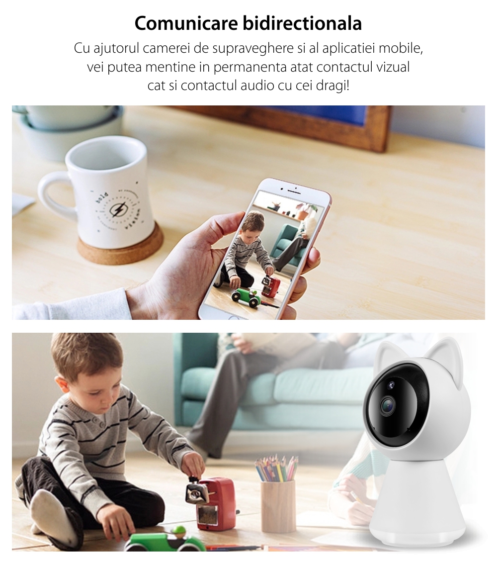 Video Baby Monitor Little Cat A280, Comunicare bidirectionala, Rotire 360°, Rezolutie 1080P, Vedere nocturna, Slot microSD