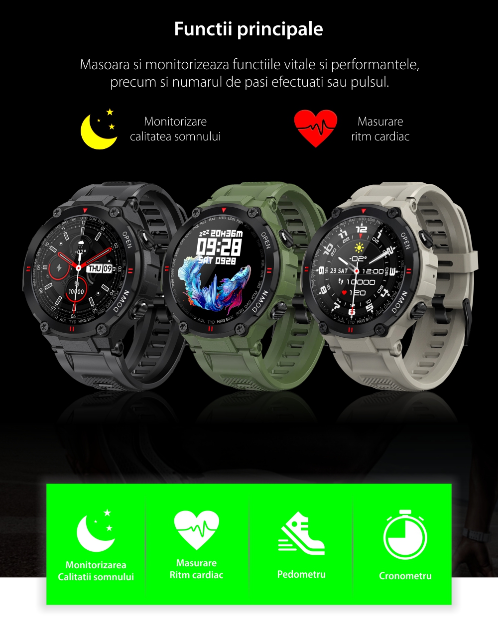 Ceas Smartwatch TKY-K27, Verde, Monitorizare somn, Mod training, Masurare oxigen & tensiune arteriala, Vreme, Cronometru