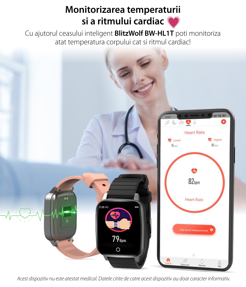Ceas Smartwatch BlitzWolf BW-HL1T, Monitorizare ritm cardiac, temperatura & respiratie, Moduri sportive, Pasi, Calorii, Distanta