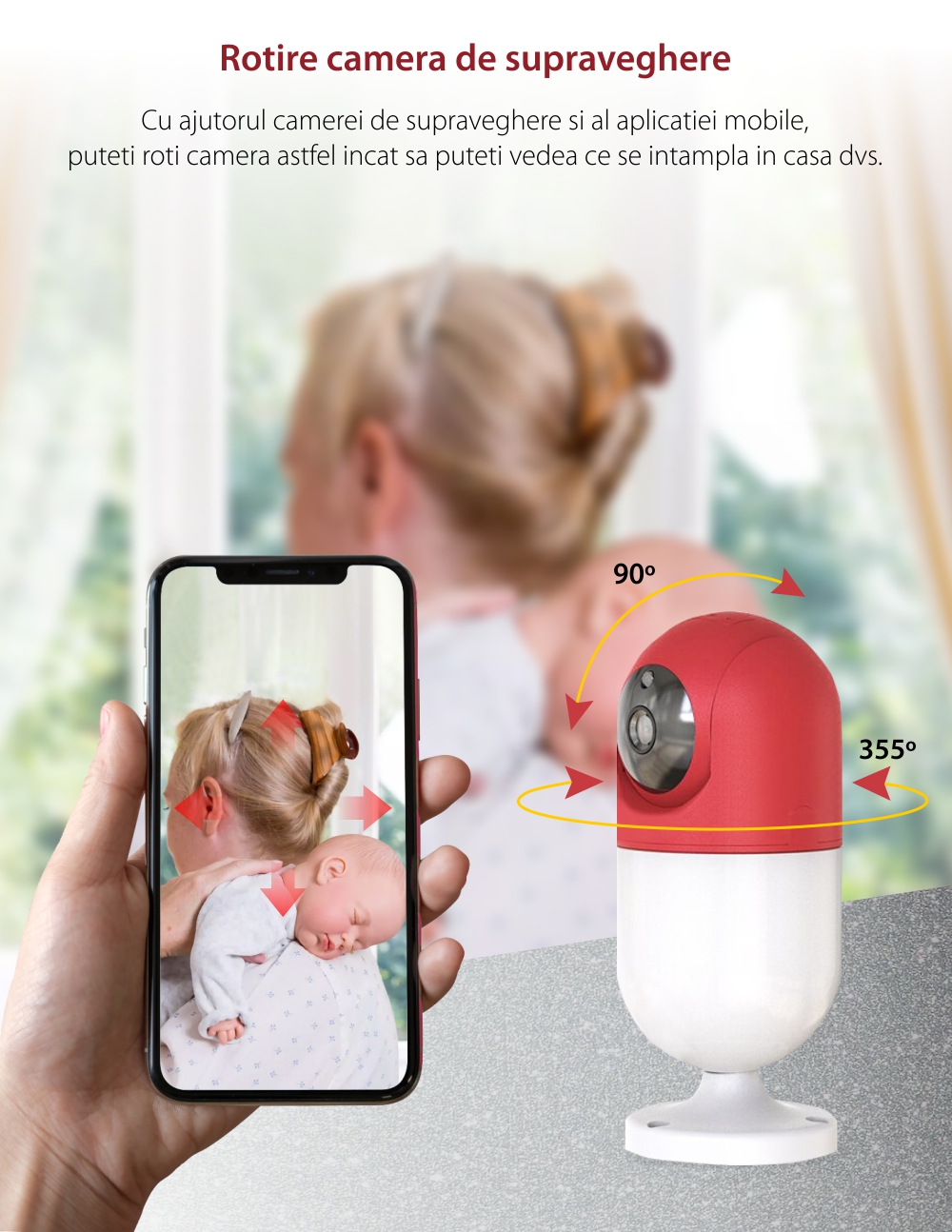 Video Baby Monitor Little Wall Light Q100, Rosu, Rotire 360°, Monitorizare in aplicatie, Comunicare bidirectionala, Lampa de veghe, Vedere nocturna