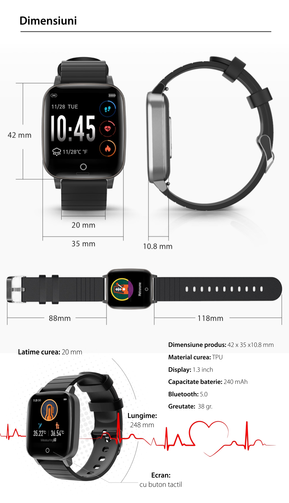 Ceas Smartwatch BlitzWolf BW-HL1T, Monitorizare ritm cardiac, temperatura & respiratie, Moduri sportive, Pasi, Calorii, Distanta