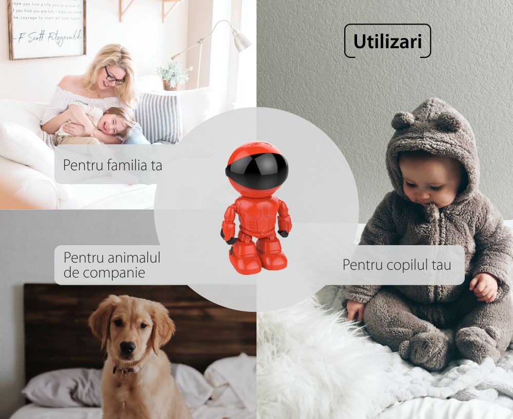 Video Baby Monitor Little Red Man A160-R, Vedere nocturna, Comunicare bidirectionala, Monitorizare 360°, Conexiune Wi-Fi, Slot MicroSD