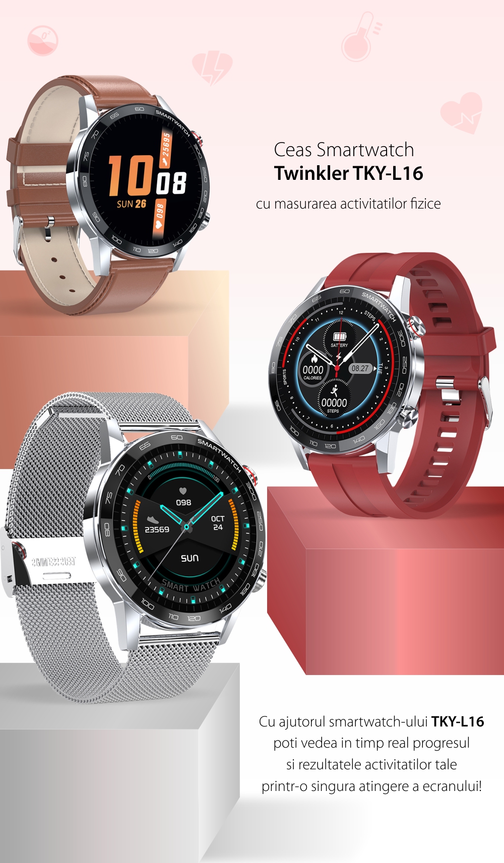 Ceas Smartwatch TKY-L16, Argintiu, Functii monitorizare sanatate, Moduri sportive, Pedometru, Calorii, Cronometru, Notificari