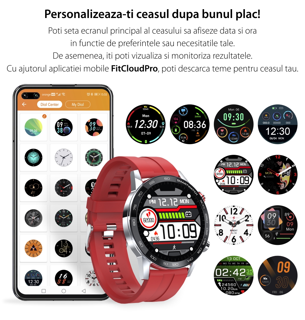 Ceas Smartwatch TKY-L16, Maro, Functii monitorizare sanatate, Moduri sportive, Pedometru, Calorii, Cronometru, Notificari, Bratara piele