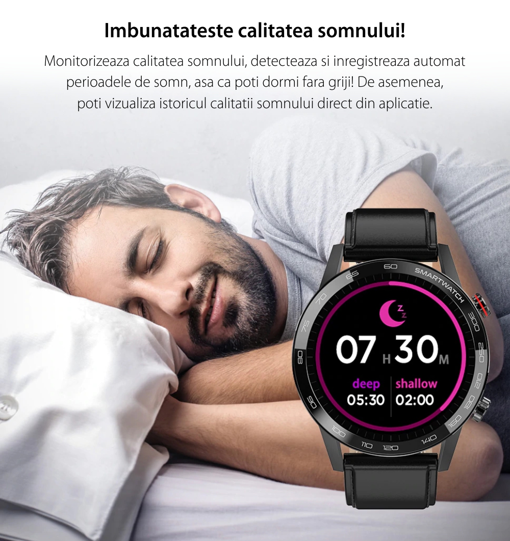 Ceas Smartwatch TKY-L16, Maro, Functii monitorizare sanatate, Moduri sportive, Pedometru, Calorii, Cronometru, Notificari, Bratara piele