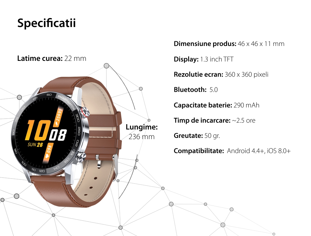 Ceas Smartwatch TKY-L16, Maro, Functii monitorizare sanatate, Moduri sportive, Pedometru, Calorii, Cronometru, Notificari, Bratara piele